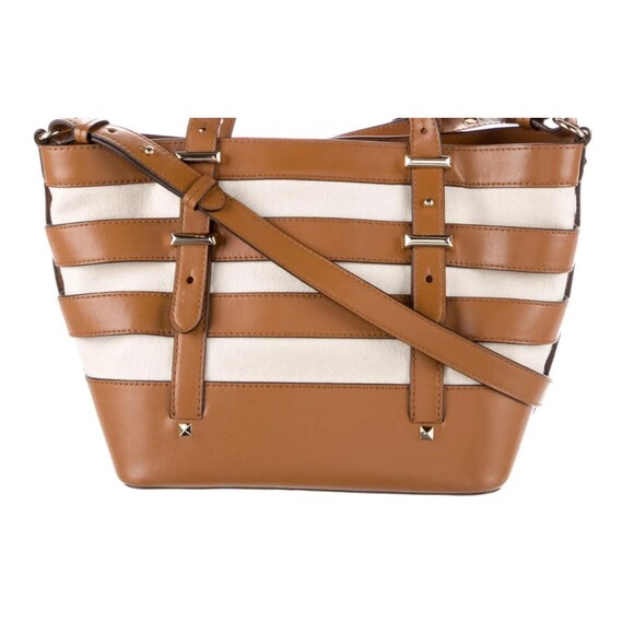 DESIGNER MICHAEL KORS CANVAS LEATHER TRIM STRIPED GOLD TONE HARDWARE TOTE - Picture 8 of 13